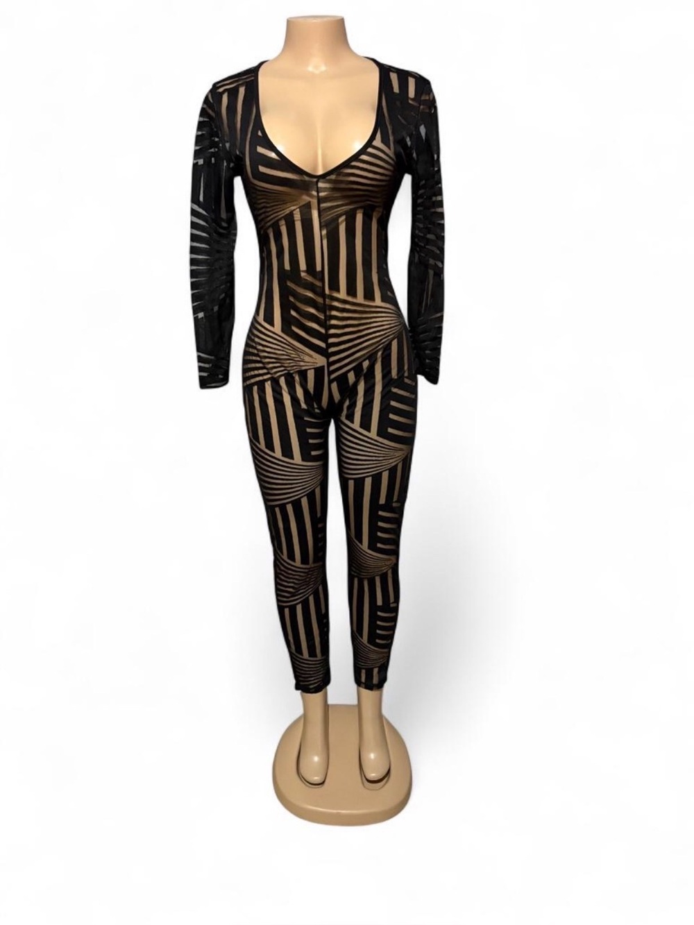 Long Sleeve Geometric Mesh Jumpsuit - Black